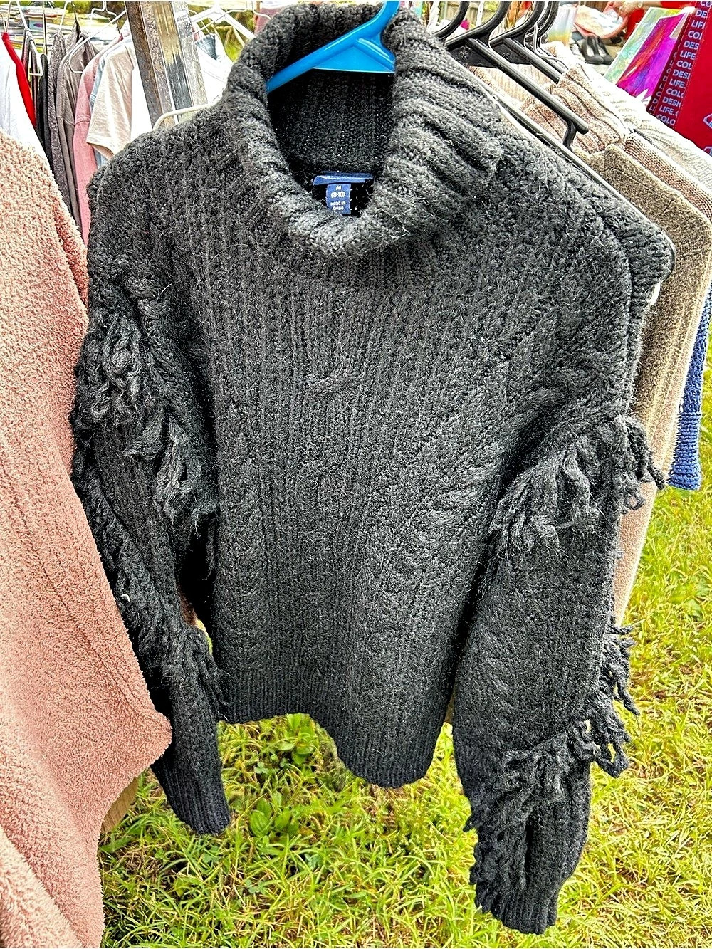 SCOOP Black Fringe Sleeve Cowl Neck Sweater